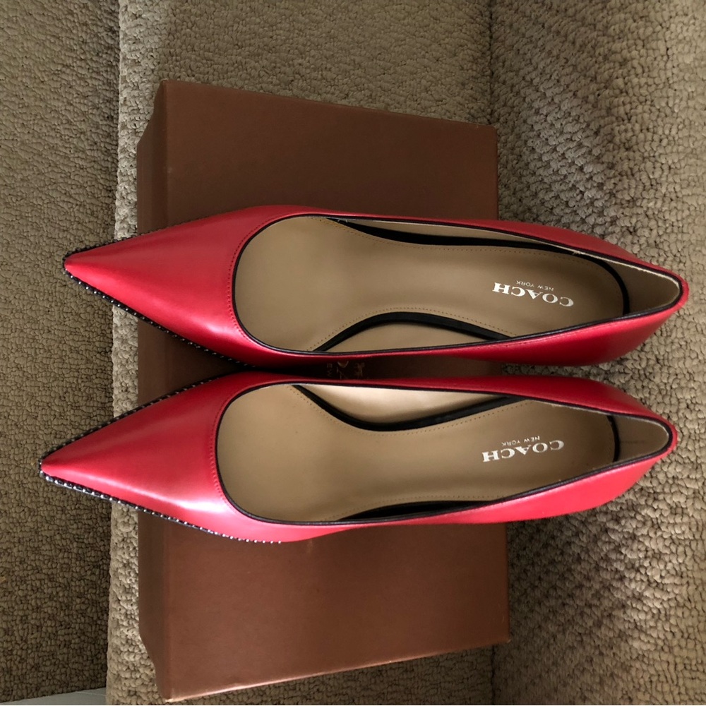 Coach Red Pointed Toe Studded Trim Stiletto Heels - Picture 4 of 7